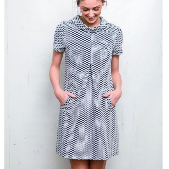 Tyler Boe Kristen Small Navy Blue/White Cowl Neck Dress Pockets Cotton Preppy - Picture 1 of 12